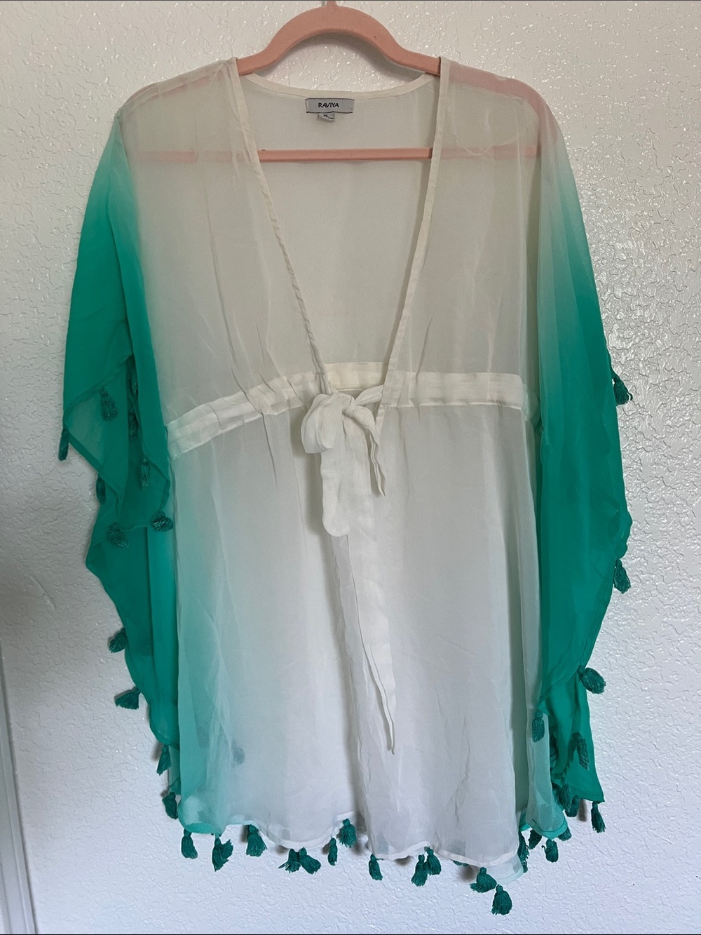 Raviya Sheer White to Teal Ombre Swim Cover-Up with Tassels